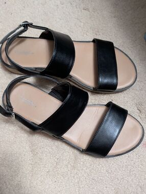 Women’s Black Leather Two-Strap Ankle Sandals